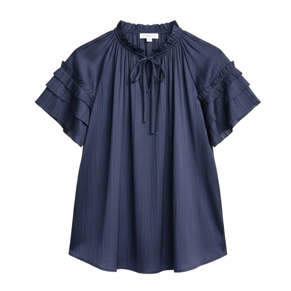 Evereve Ruffle Sleeve Satin Blouse Pleated Texture Relaxed Fit Tie Neck Flowing - Picture 4 of 11